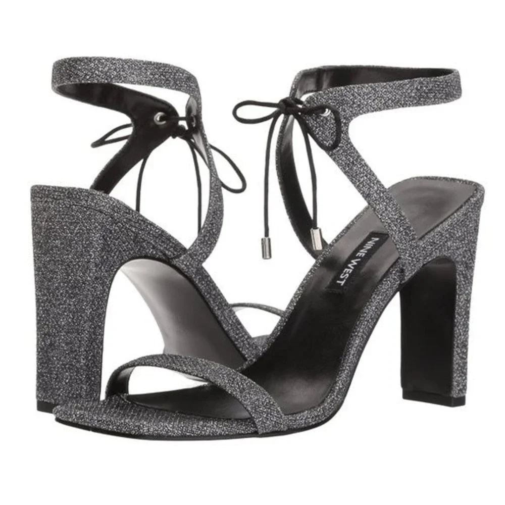 Nine West Size 6.5 Black Silver Sparkly‎ Square Toe Dress Sandals Heels Shoes
